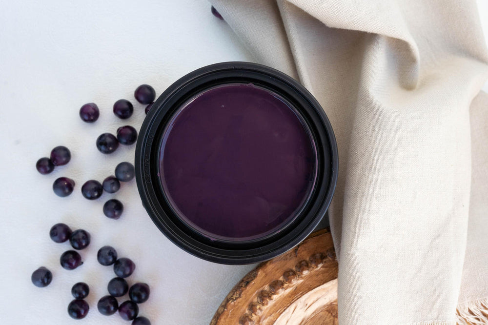 Open can of Elderberry Terra Clay Paint staged with berries on a white drop cloth