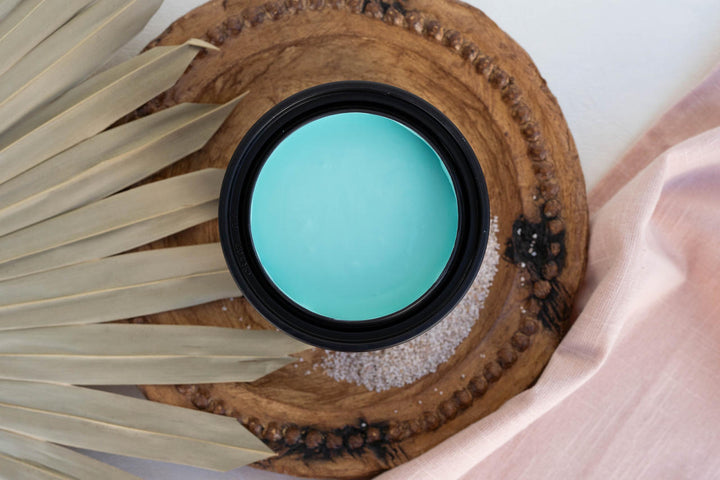 Open container of Lani's Lagoon Terra Clay Paint on a wooden board with a fan leaf