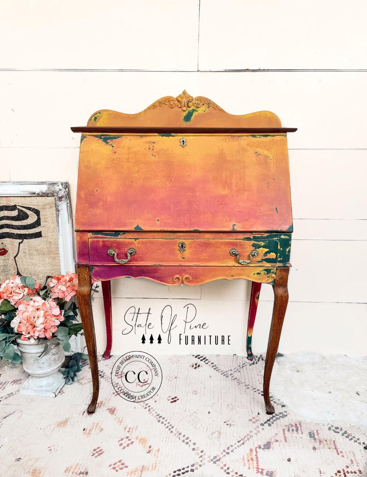 Distressed pink and orange Terra Clay painted secretary desk