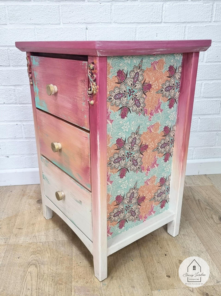 Pink and Marigold Terra Clay end table with decoupage sides
