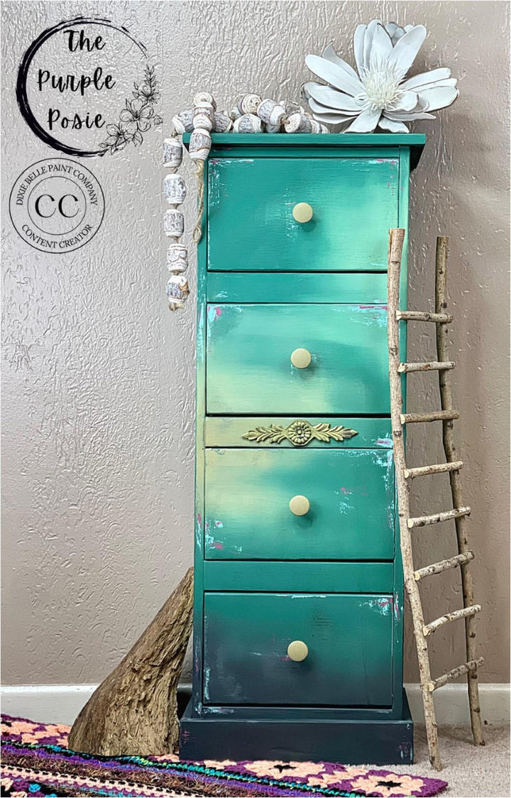 Blue, wheat and black blended painted dresser with wheat drawer knobs