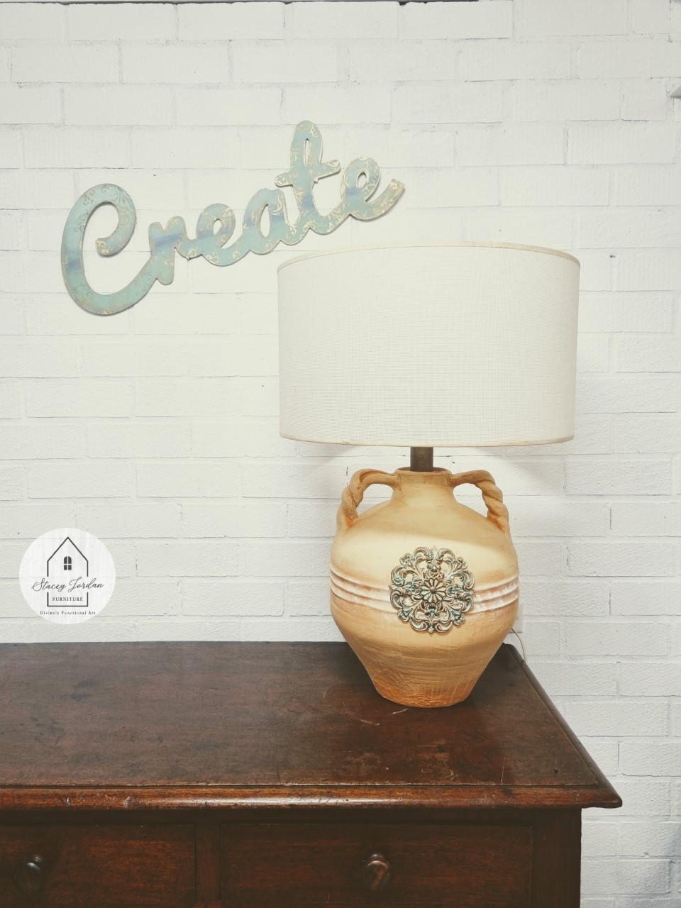 Wheat painted ceramic lamp with WoodUbend embellishment