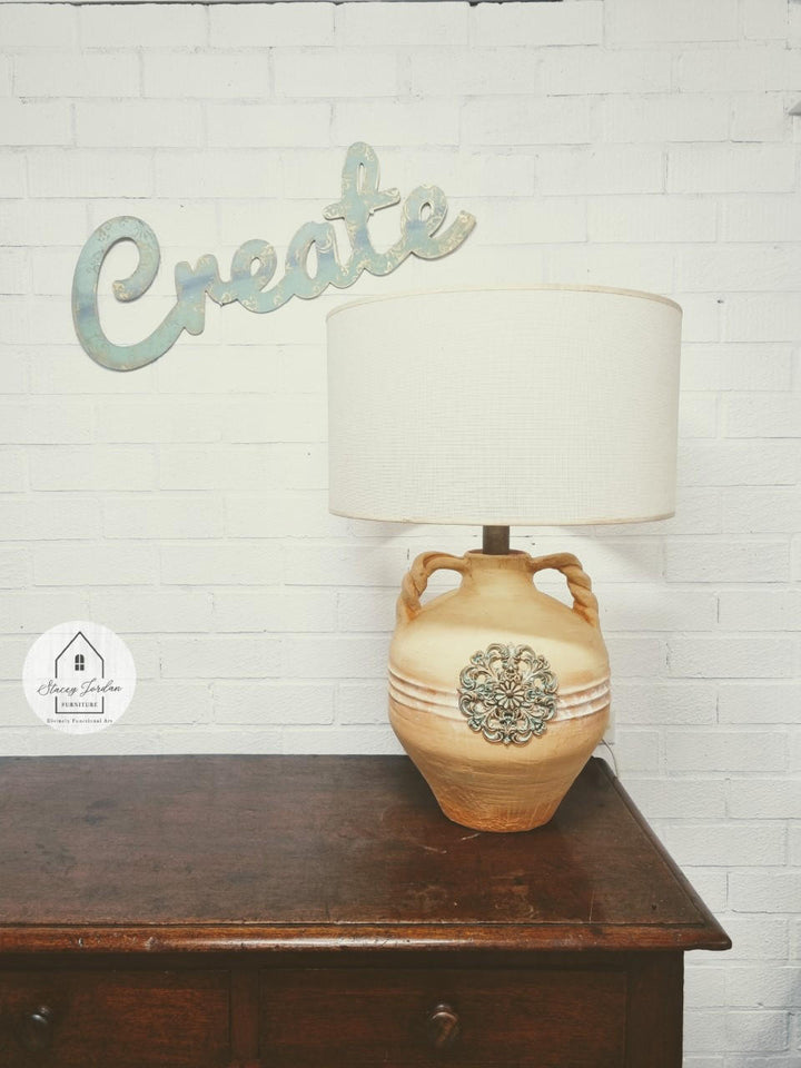 Wheat painted ceramic lamp with WoodUbend embellishment