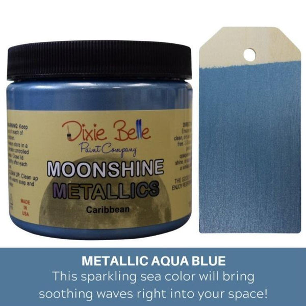 Get creative with Dixie Belle Moonshine Metallics Caribbean - durable and long-lasting metallic paint for a unique, eye-catching finish