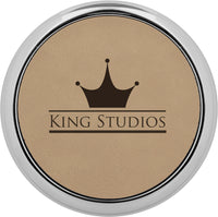 Round Light Brown Laserable Leatherette Coaster w/ Silver Edge - Closeout