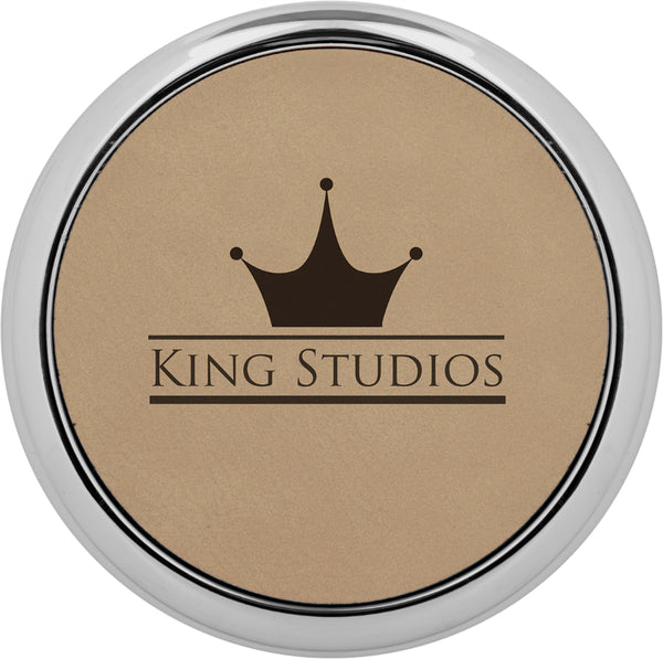 Round Light Brown Laserable Leatherette Coaster w/ Silver Edge - Closeout